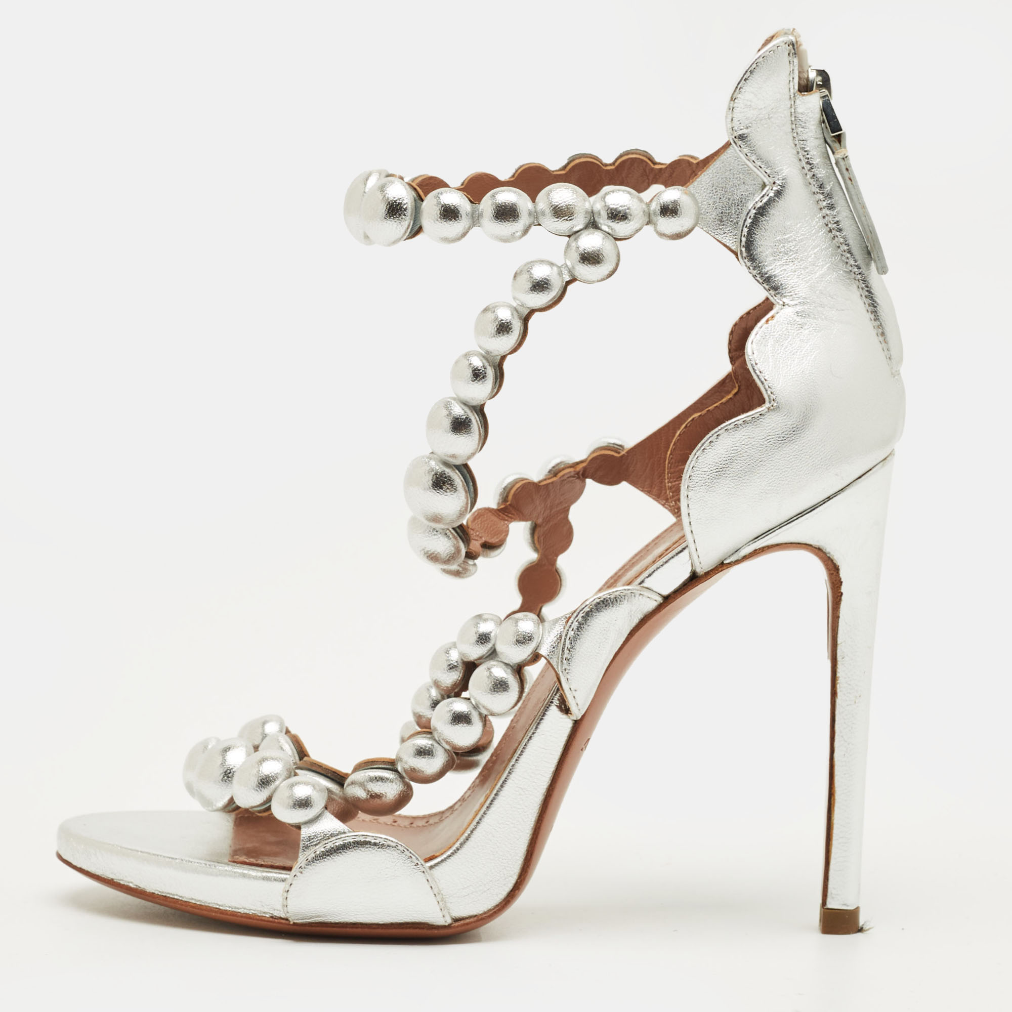 ALAÏA Pre-owned Silver Leather Bombe Stappy Sandals Size 39.5