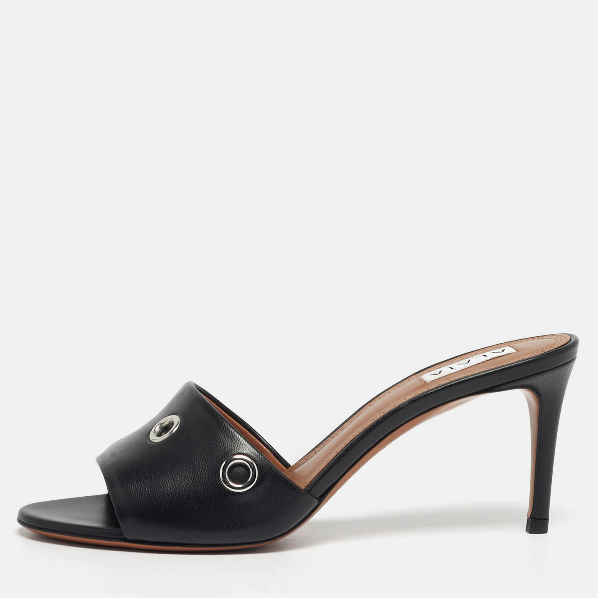 

Alaia Oeillets Size  Black Leather Slide Sandals