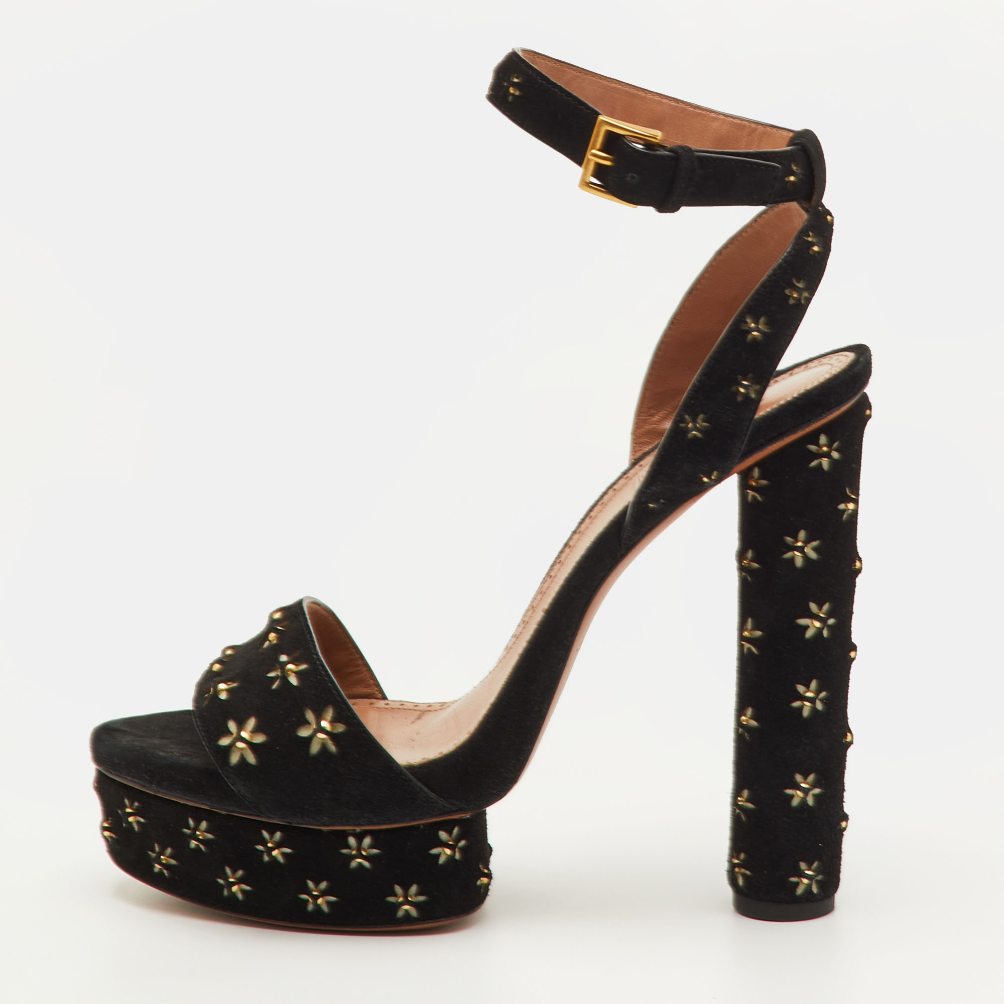

Alaia Studded Flower Size  Black Suede Platform Ankle Strap Sandals