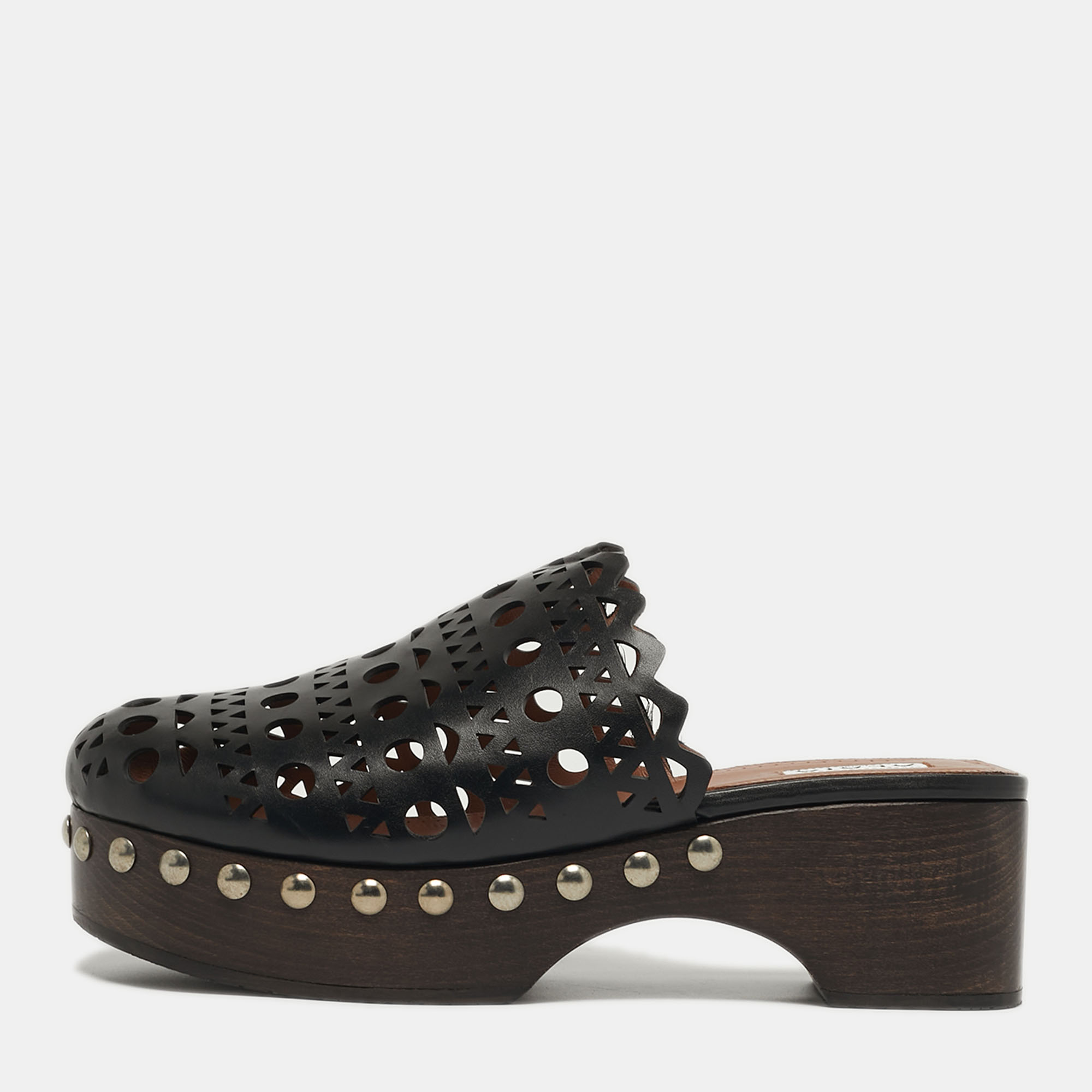 

Alaia Size  Black Leather Laser Cut Platform Clogs
