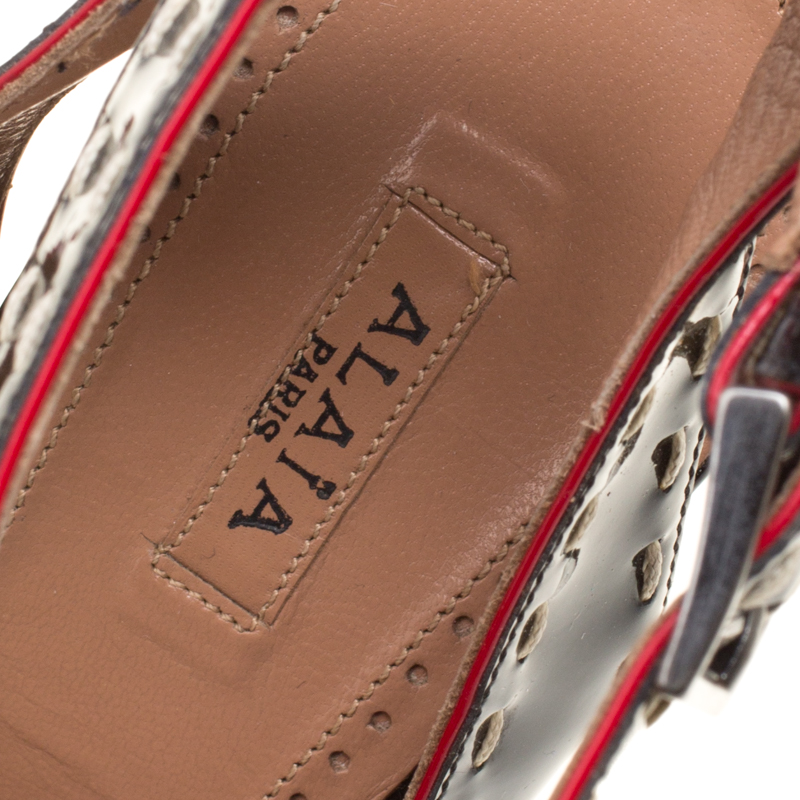 Pre-owned Alaïa Black Patent Leather Criss Cross Ankle Strap Platform Sandals Size 38.5