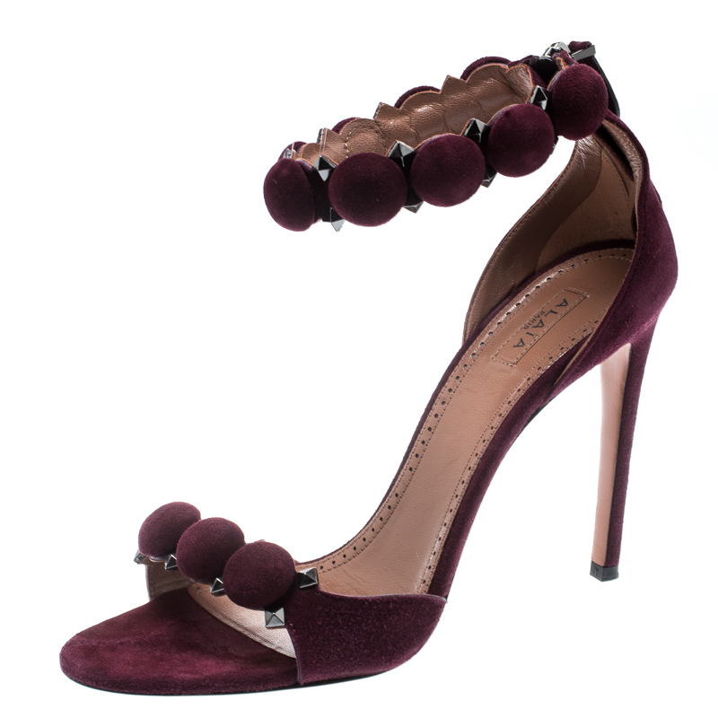 Alaia Burgundy Suede Bombe Stud Embellished Open Toe Sandals Size 39