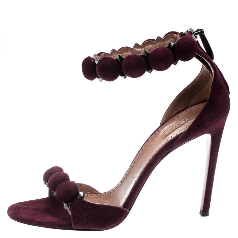 

Alaia Burgundy Suede Bombe Stud Embellished Open Toe Sandals Size