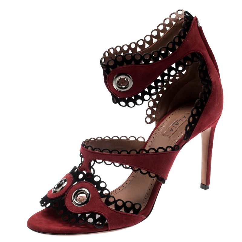 Pre Owned Alaia Maroon Suede Scallop Trim Eyelet Embellished Ankle Cuff Sandals Size 38