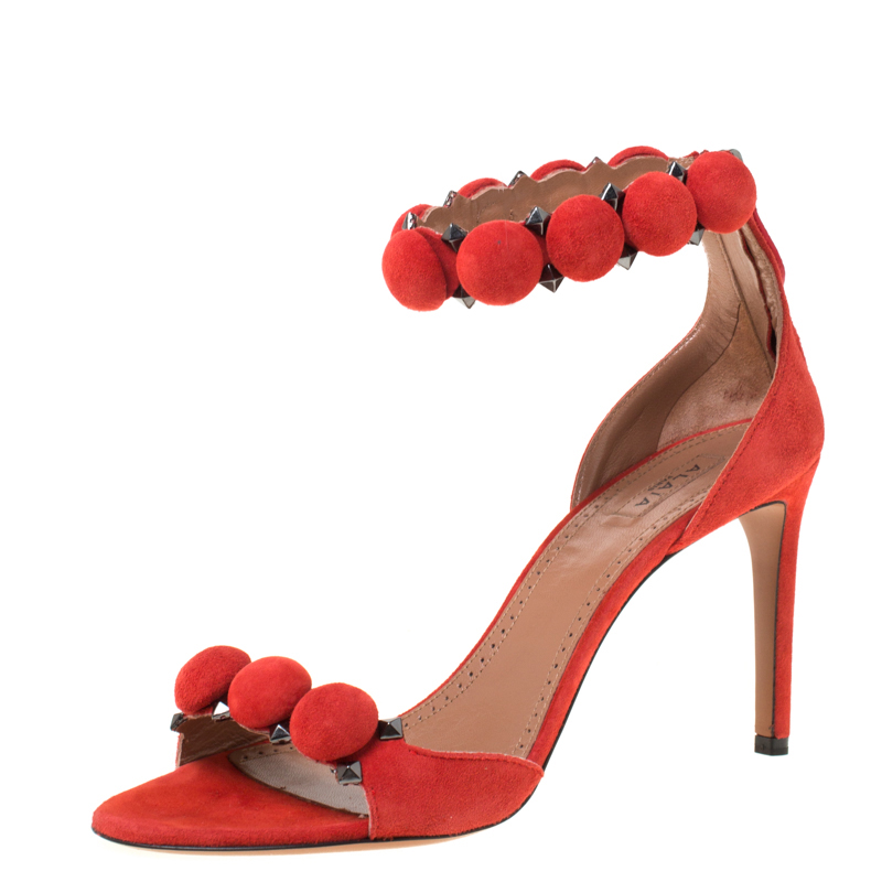 Alaia Red Suede Bombe Stud Embellished Open Toe Sandals Size 38.5