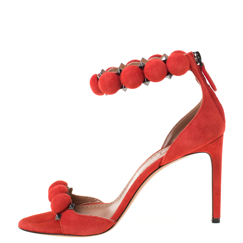 

Alaia Red Suede Bombe Stud Embellished Open Toe Sandals Size