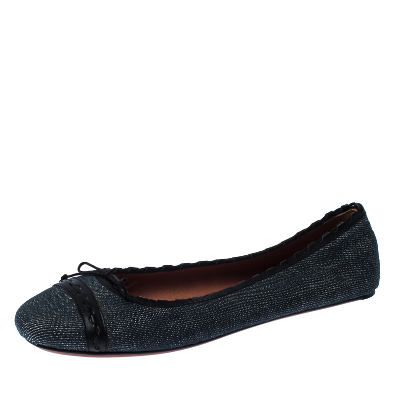 Pre Owned Alaia Black/Blue Denim Bow Ballet Flats Size 37