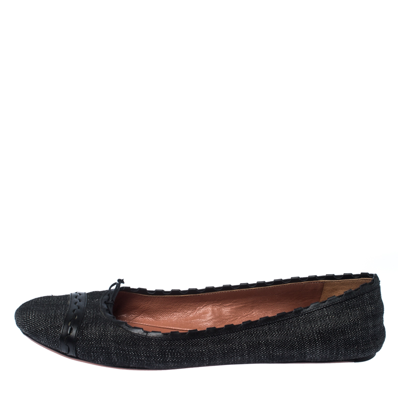 

Alaia Black Denim And Leather Bow Ballet Flats Size