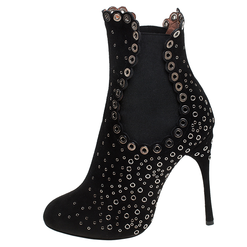

Alaia Black Suede Eyelet Embellished Ankle Boots Size