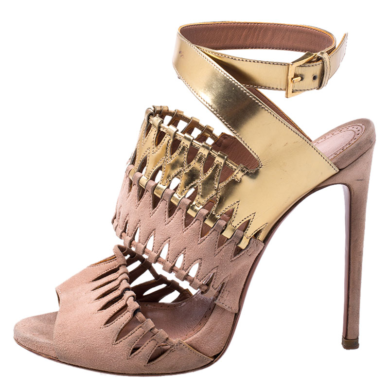 

Alaia Beige Suede And Metallic Gold Leather Cut Out Open Toe Ankle Strap Sandals Size