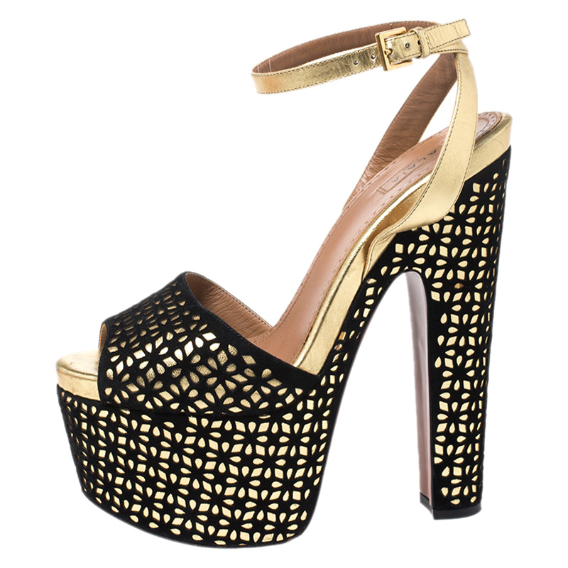 

Alaia Black Laser Cut Suede And Gold Leather Peep-Toe Platform Sandals Size