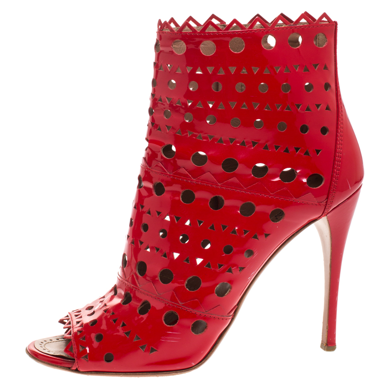 

Alaia Red Laser Cut Patent Leather Peep-Toe Ankle Booties Size