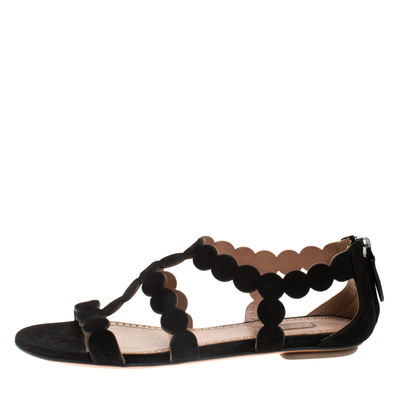 

Alaia Black Laser Cut Suede Open Toe Flat Sandals Size