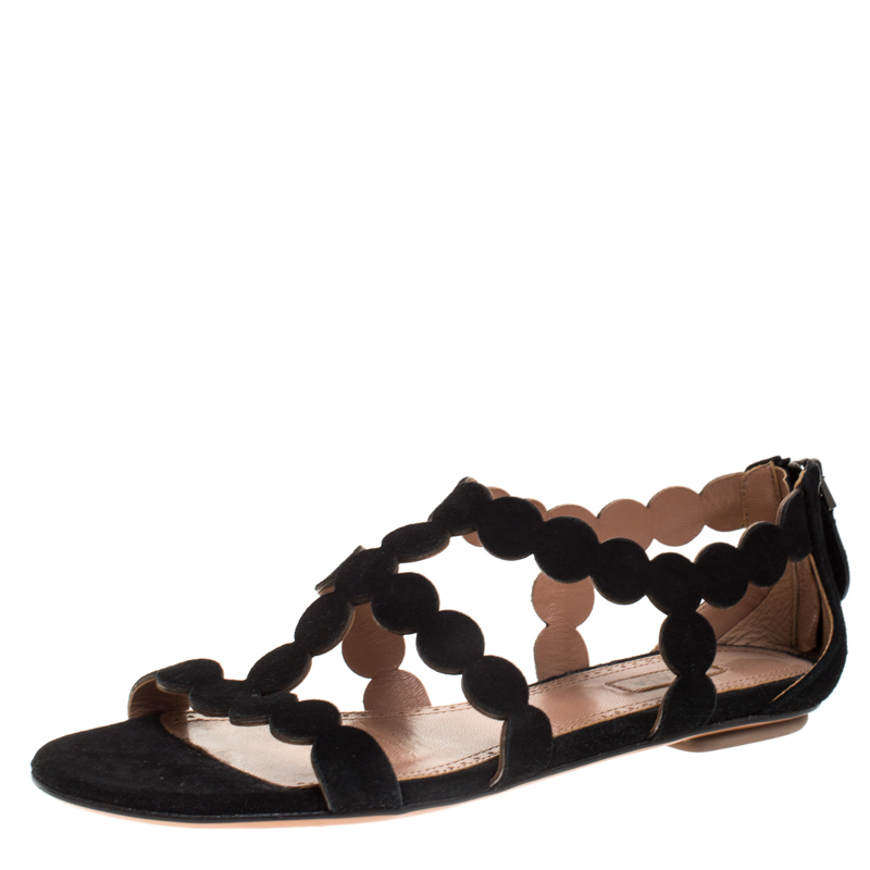 Alaia Black Laser Cut Suede Open Toe Flat Sandals Size 36