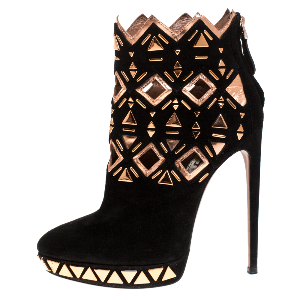 

Alaia Black Suede And Rose Gold Foil Leather Embellished Cut Out Ankle Booties Size