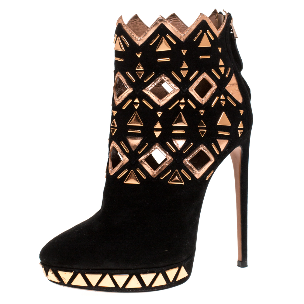 Alaia Black Suede And Rose Gold Foil Leather Embellished