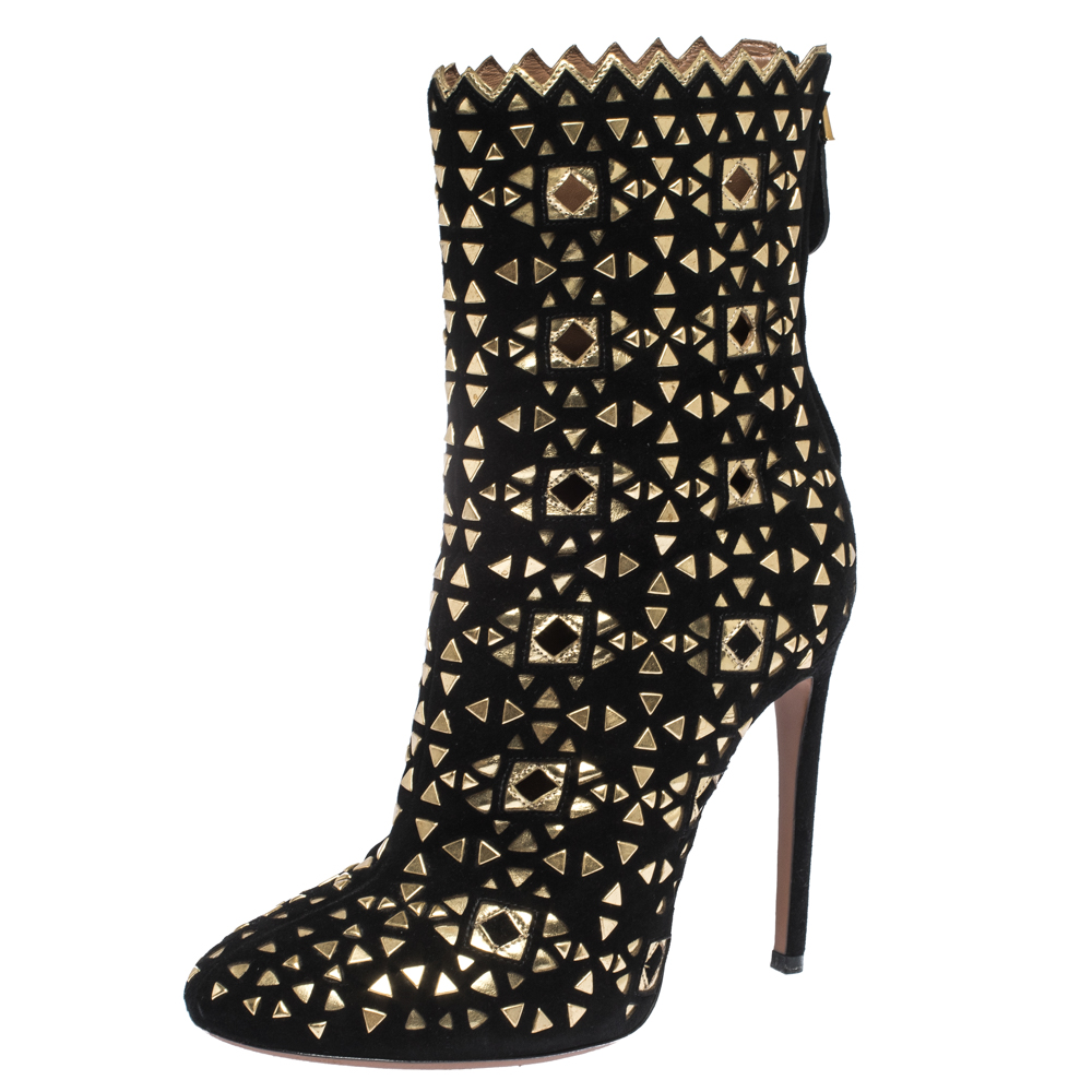 Pre Owned Alaia Black/Gold Lasercut Suede and Patent Leather Studded Ankle Boots Size 40