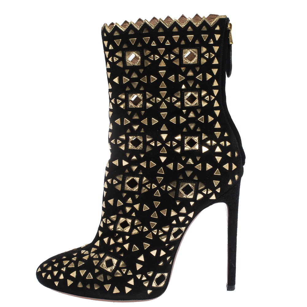 

Alaia Black/Gold Lasercut Suede and Patent Leather Studded Ankle Boots Size