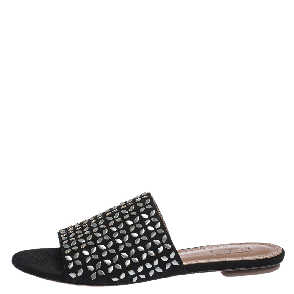 

Alaia Black/Silver Embellished Suede Slide Flats Size