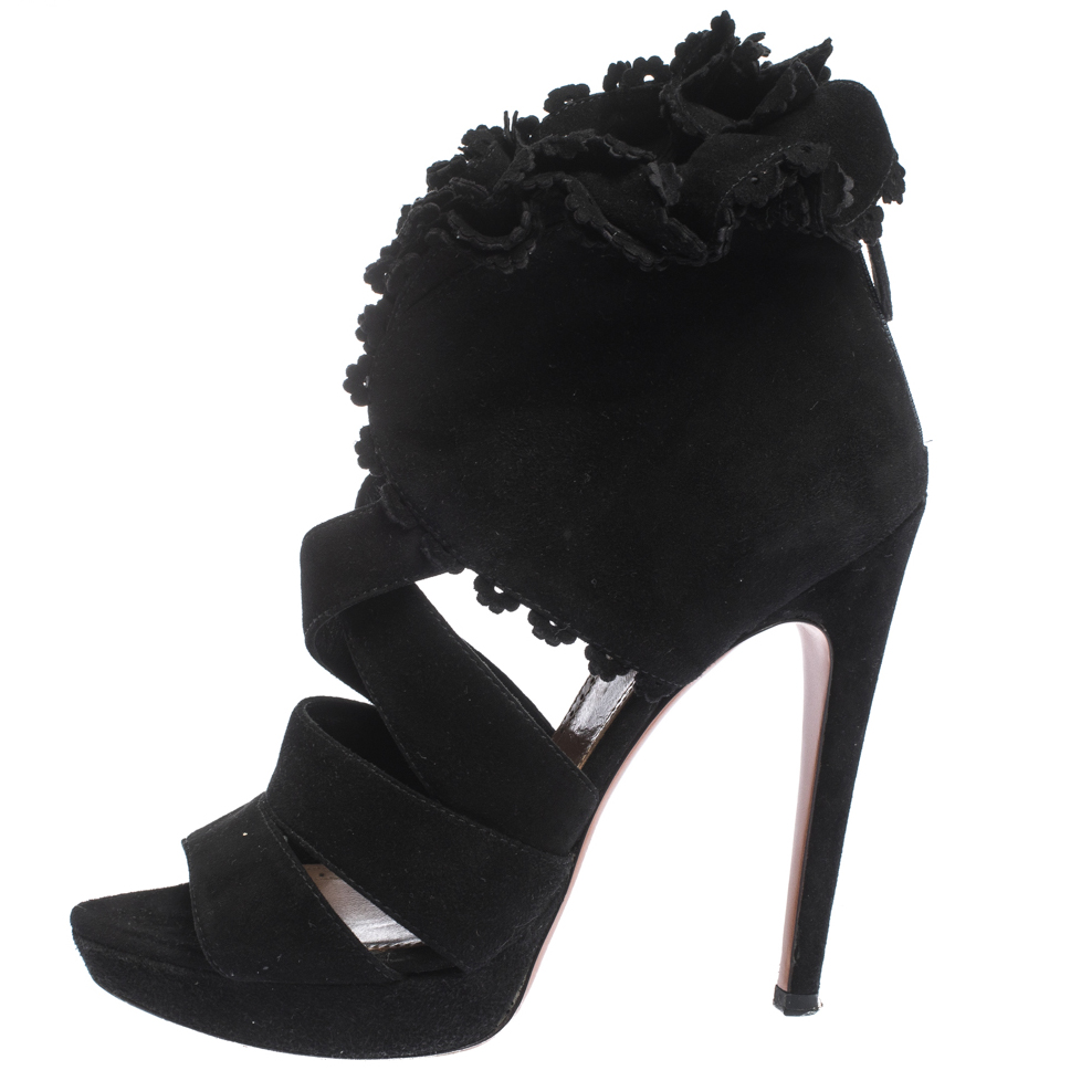

Alaia Black Suede Ruffle Accented Strappy Platform Sandals Size