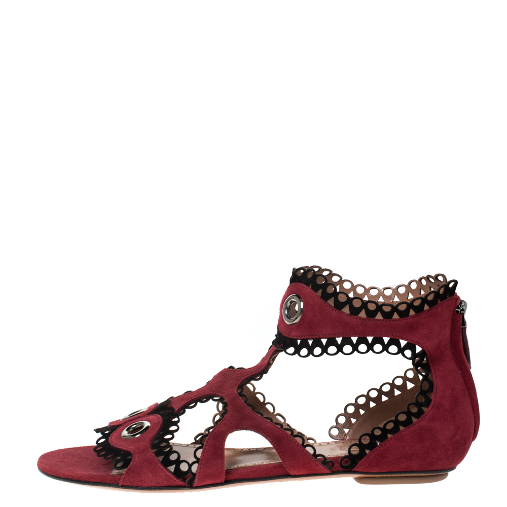 

Alaia Maroon Suede Scallop Trim Eyelet Embellished Ankle Cuff Flat Sandals Size, Red