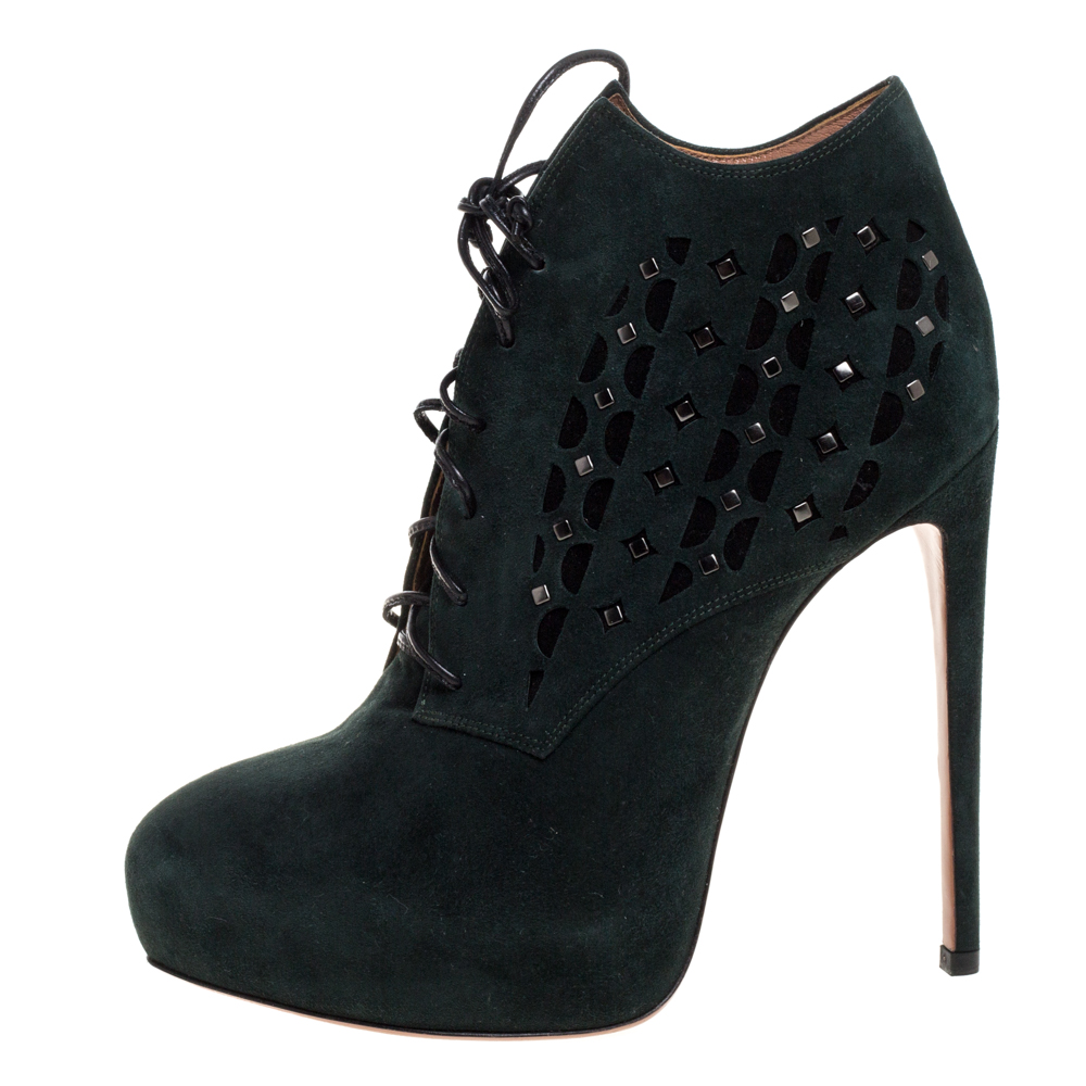 

Alaia Two Tone Laser Cut Suede Platform Lace Up Booties Size, Green