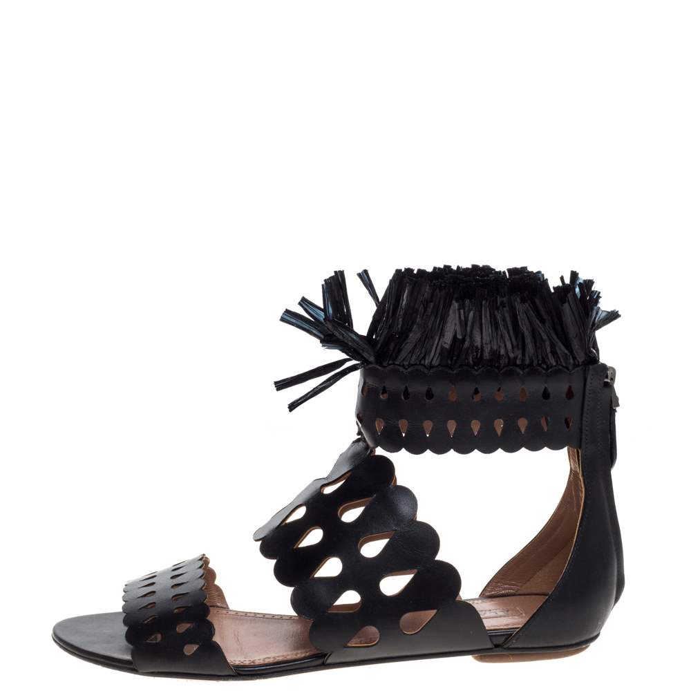 

Alaia Black Leather and Straw Cut Out Fringes Flat Sandals Size
