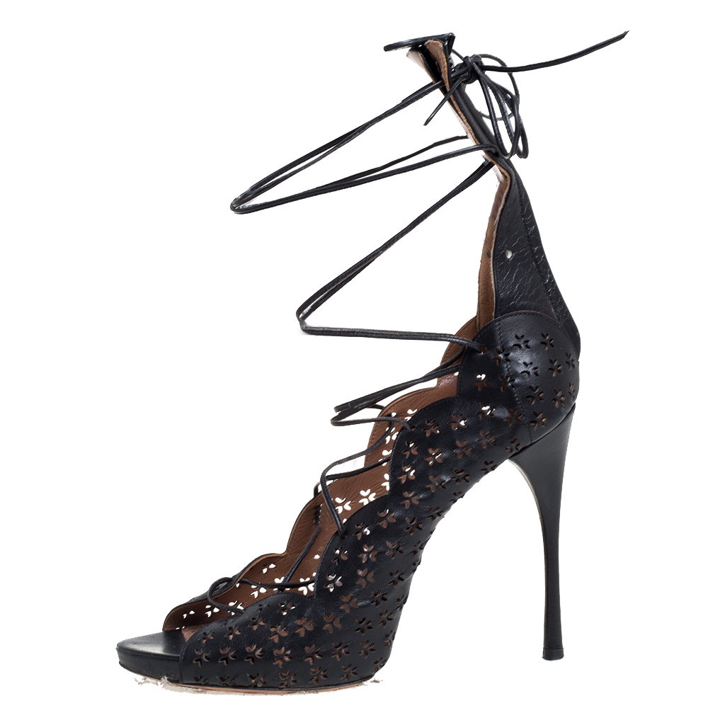 

Alaia Black Laser Cut Leather Gladiator Ankle Wrap Sandals Size