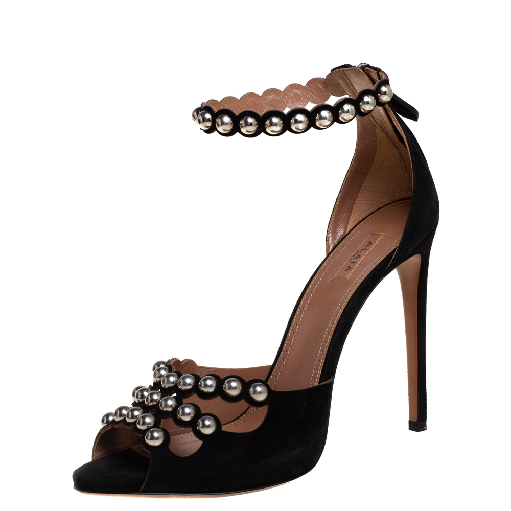 Pre-owned Alaïa Black Suede Studded Ankle Strap Sandals Size 40