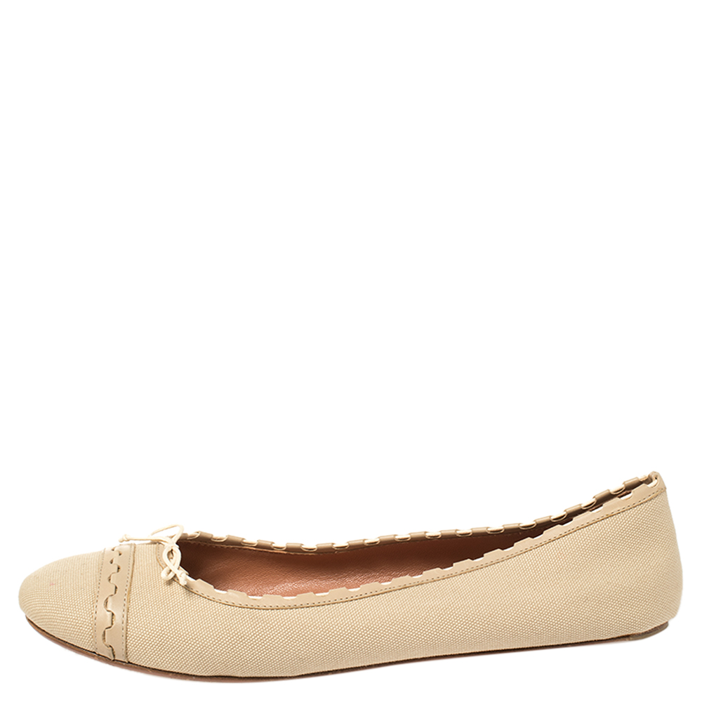 

Alaia Beige Canvas And Leather Bow Ballet Flats Size, Black