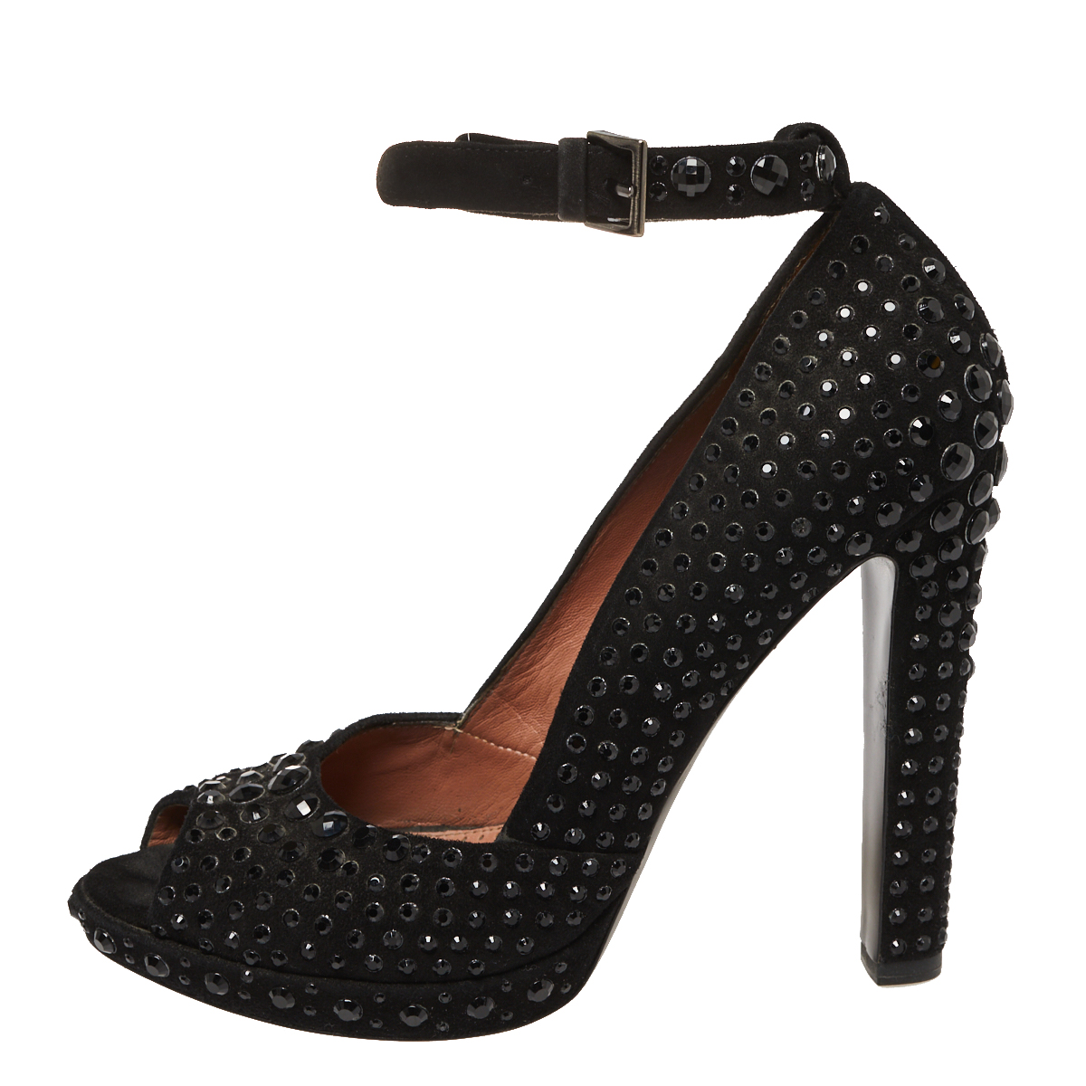 

Alaia Black Suede Embellished Peep Toe Ankle Strap Pumps Size