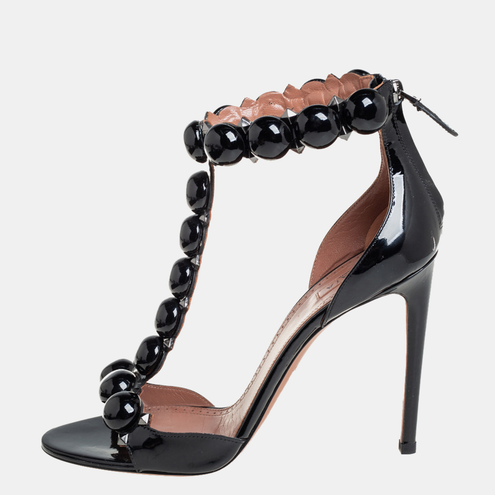 Pre-owned Alaïa Black Patent Leather Bombe T-strap Sandals Size 39