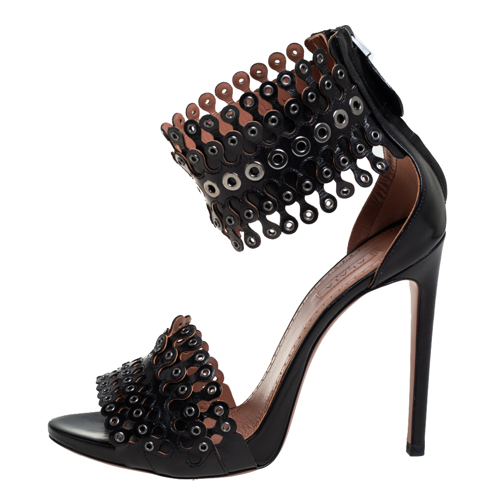 

Alaia Black Leather Grommets Ankle Cuff Sandals Size