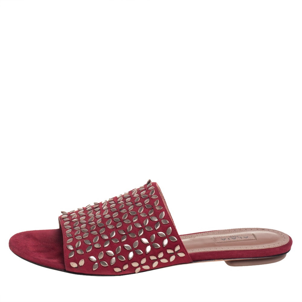 

Alaia Red/Bronze Suede Embellished Flat Slides Size