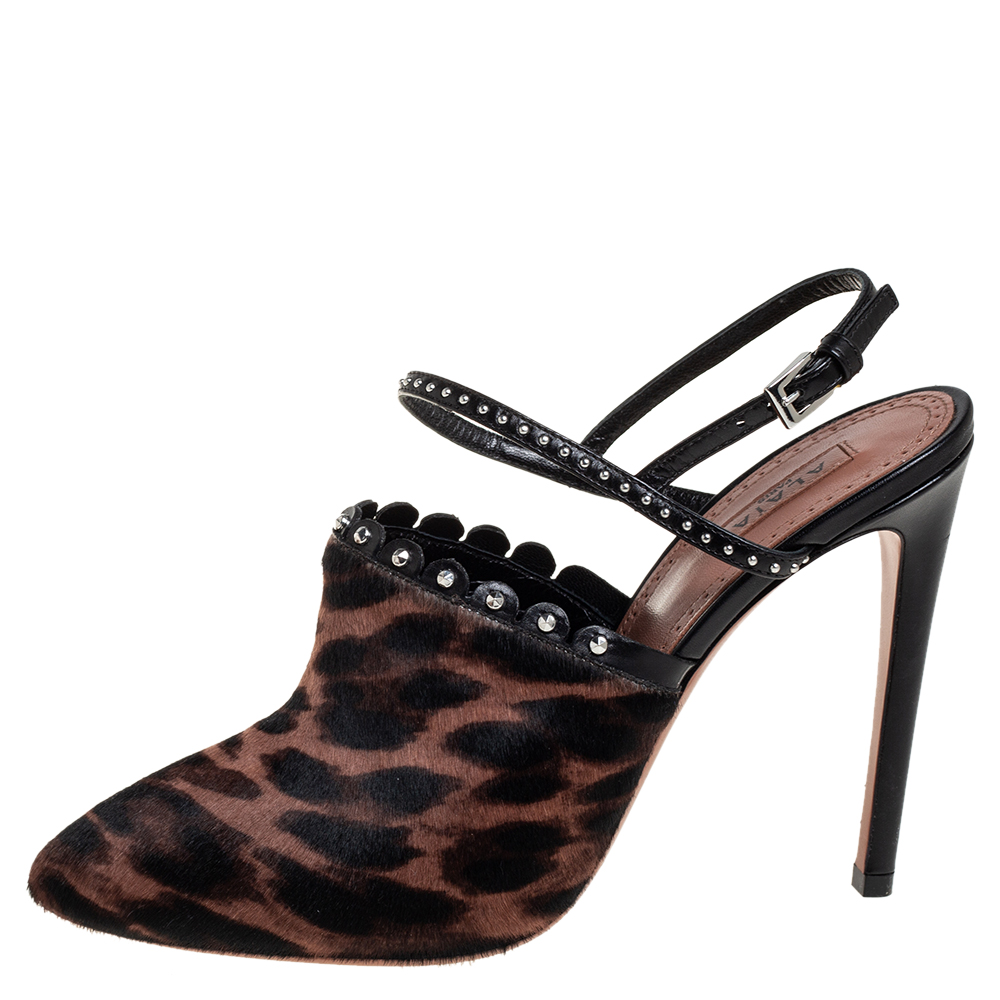 

Alaia Brown Leopard Print Calf Hair And Studded Leather Slingabck Sandals Size