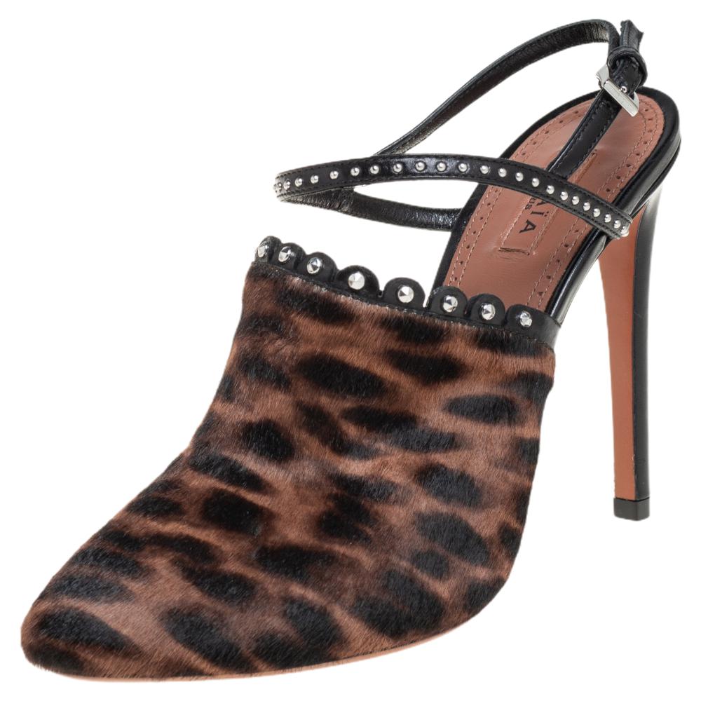 

Alaia Brown Leopard Print Calf Hair And Black Studded Leather Slingback Sandals Size