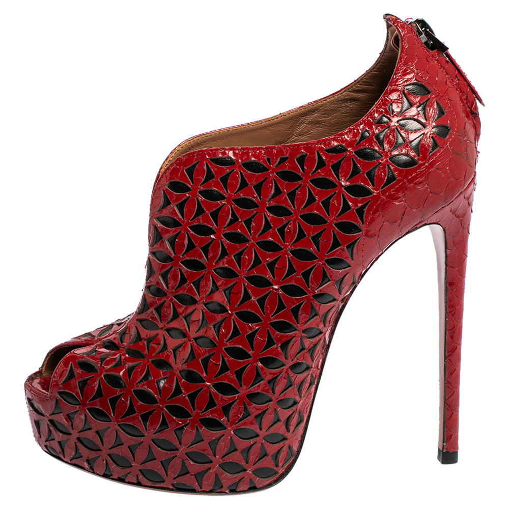 

Alaia Red Python Leather Laser Cut Peep Toe Booties Size