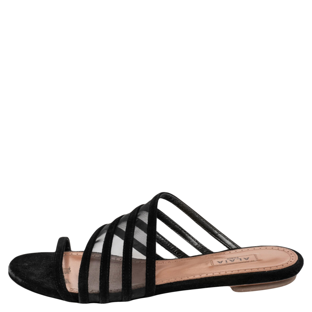 

Alaia Black Suede And Net Slide Sandals Size