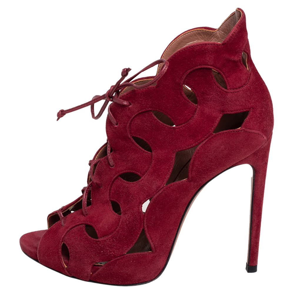 

Alaia Red Cut Out Suede Lace Up Peep Toe Ankle Booties Size