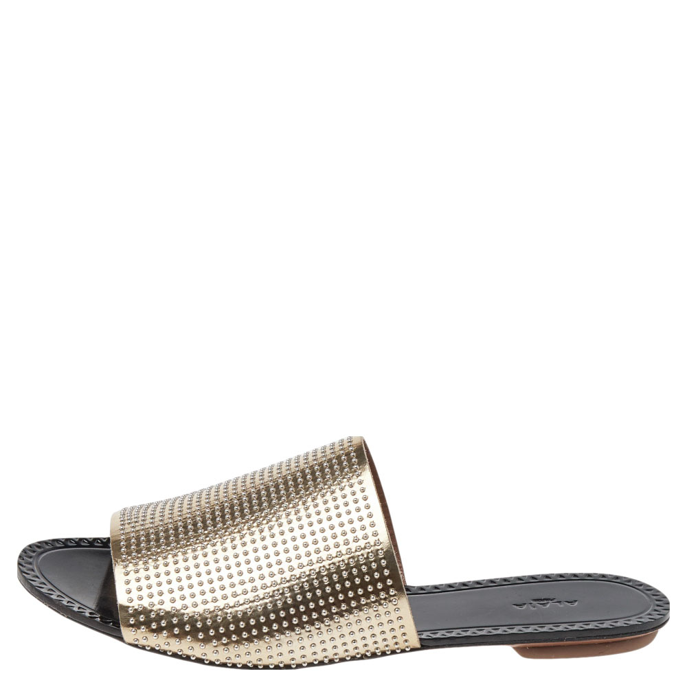

Alaia Gold Leather Flat Slide Sandals Size