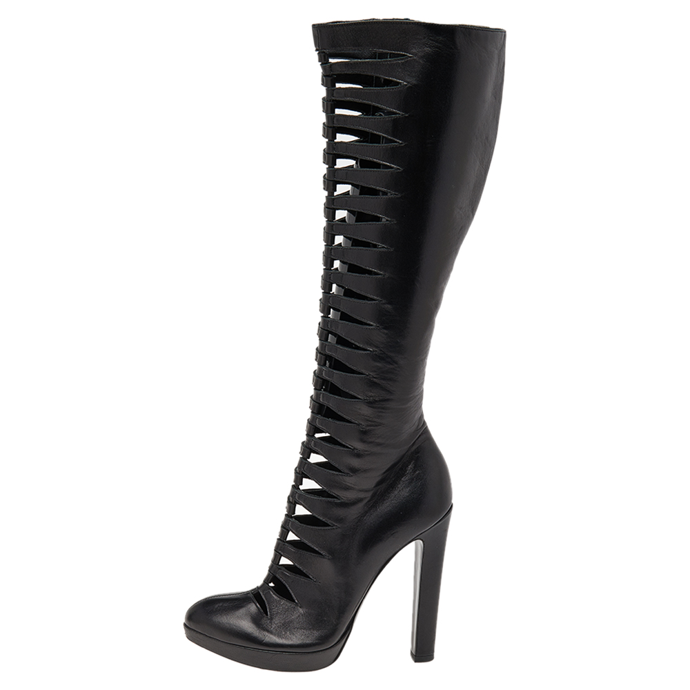 

Alaia Black Leather Cutout Knee Length Boots Size