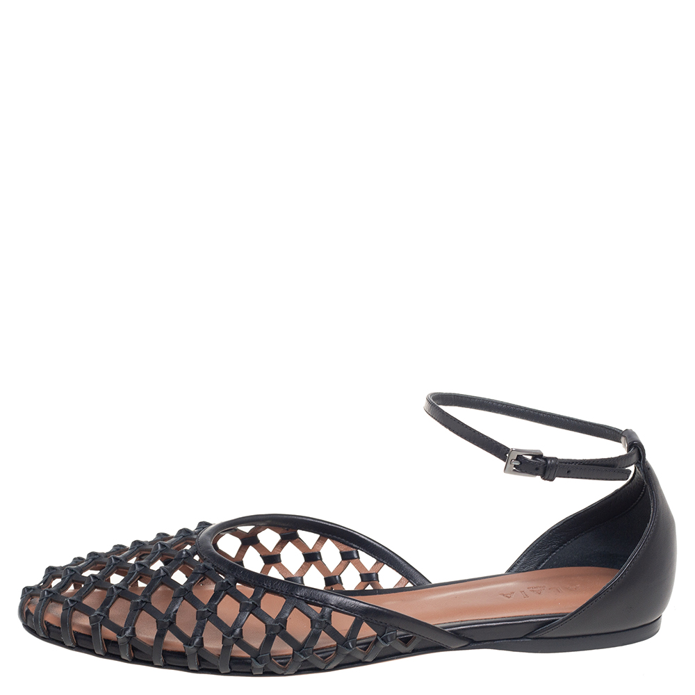 

Alaia Black Net Leather Ankle-Strap Ballerina Flats Size