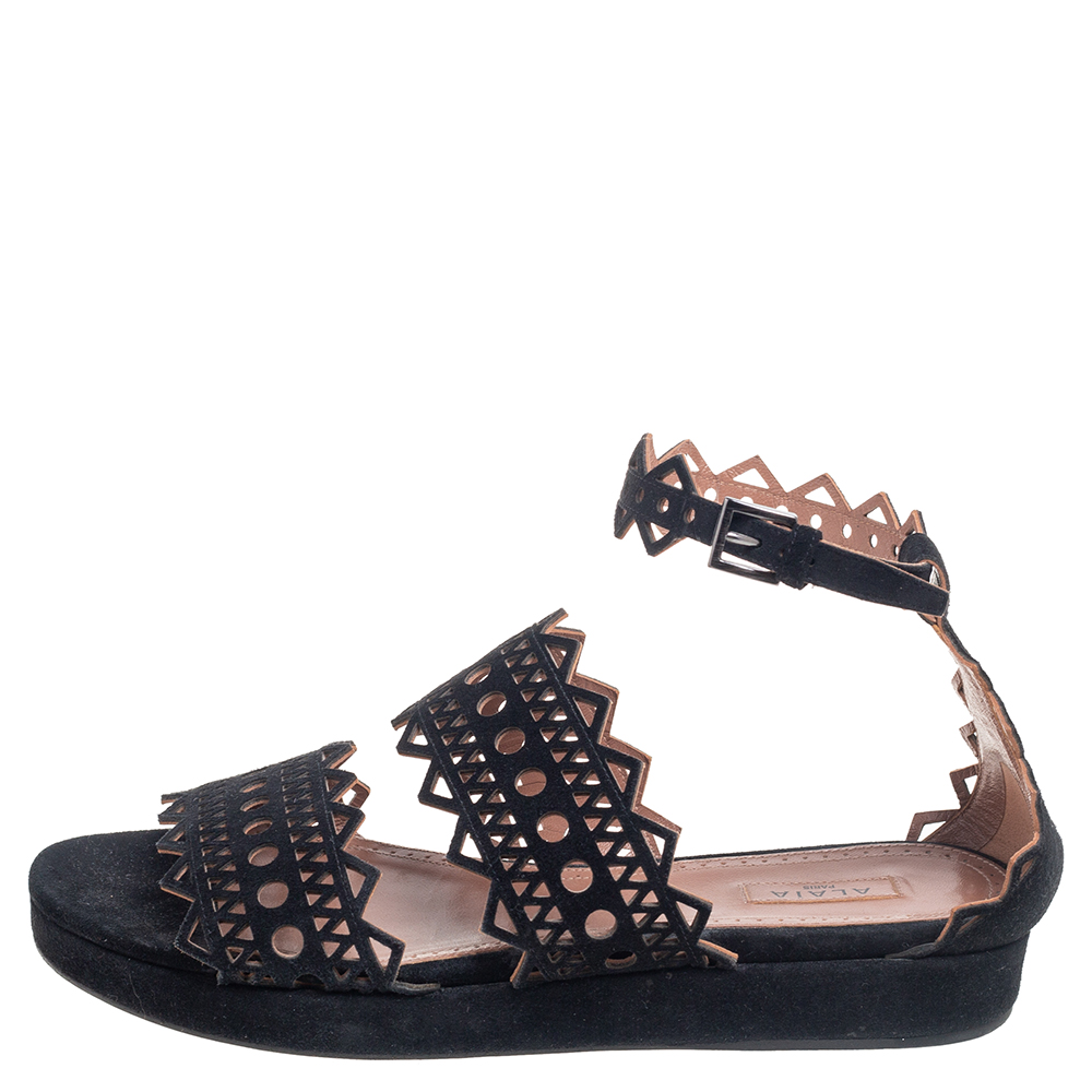 

Alaia Black Laser Cut Suede Open Toe Flat Sandals Size