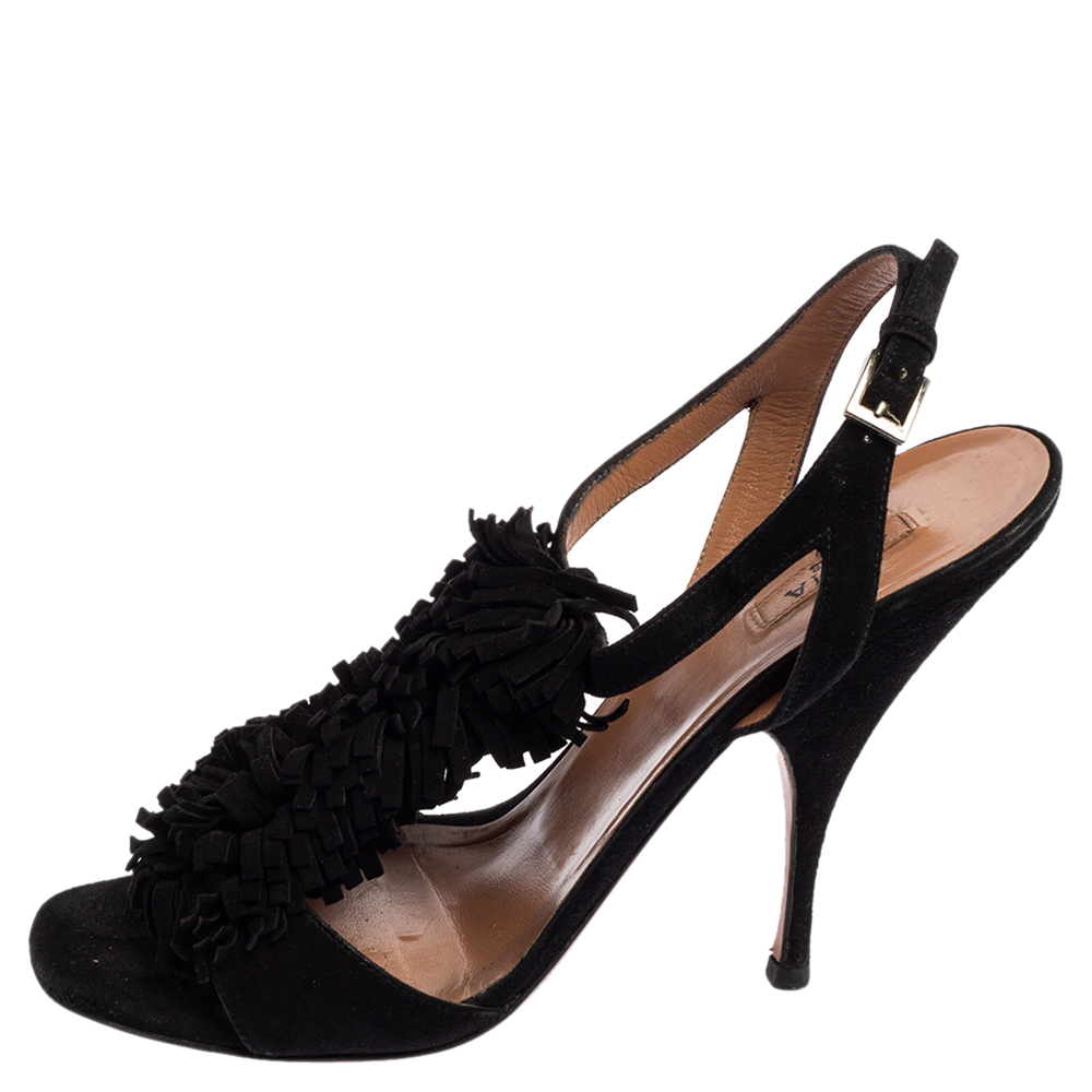 

Alaia Black Suede Fringe T Strap Sandals Size