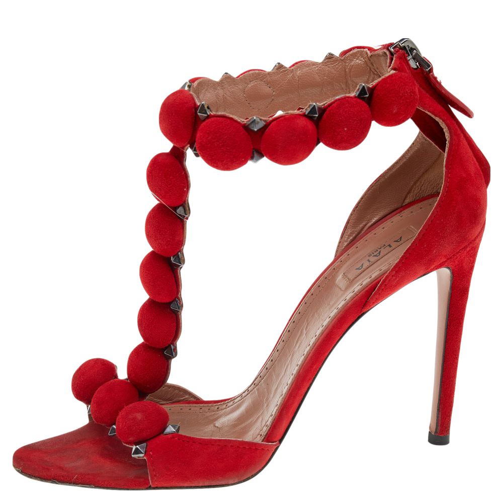 

Alaia Red Suede Studded 'Bombe' T-Strap Ankle Cuff Sandals Size