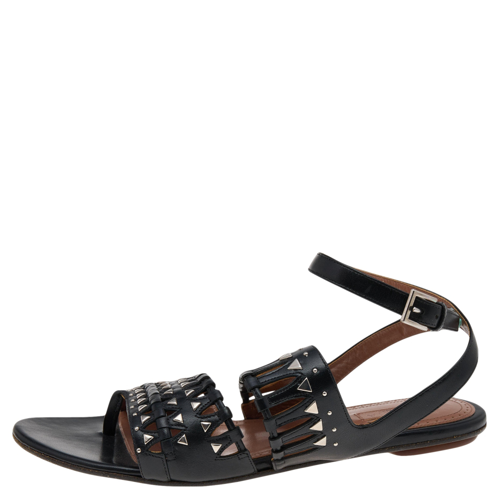 

Alaia Black Leather Studded Accents Ankle Strap Flat Sandals Size