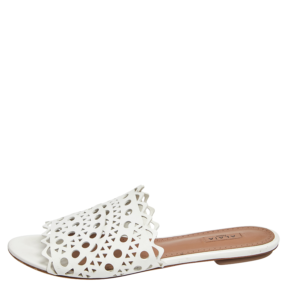 

Alaia White Laser Cut Leather Slide Sandals Size