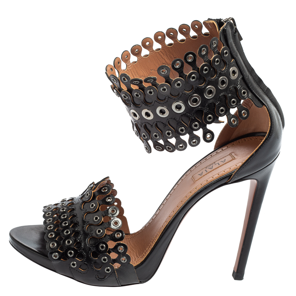 

Alaia Black Leather Laser Cut Eyelet Ankle-Strap Sandals Size