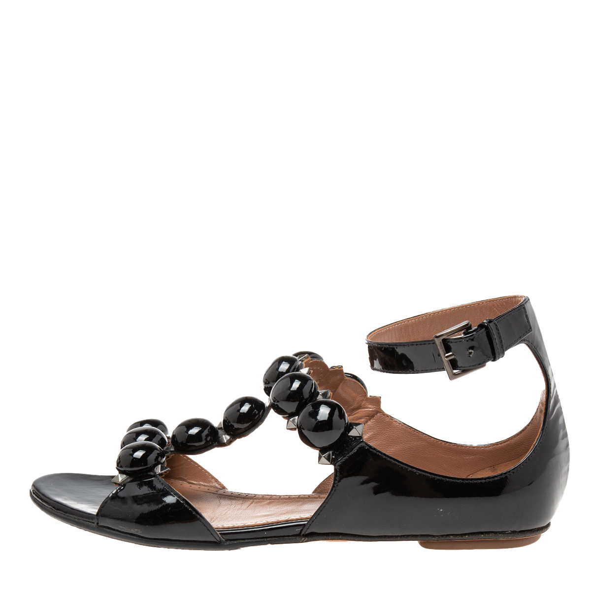

Alaia Black Patent Leather Bombe Studded Flat T-Bar Ankle-Strap Sandals Size
