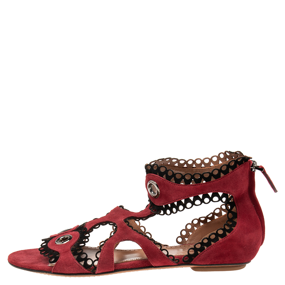 

Alaia Maroon Suede Scallop Trim Eyelet Embellished Ankle Cuff Flat Sandals Size, Red